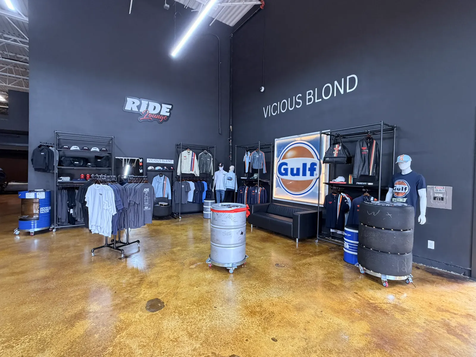 The Atlanta gear shop wall with Ride Lounge, Gulf and Vicious Blond apparel